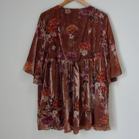 Velvet Floral Mini Dress Floral Boho Babydoll V-neck Burn Out Flowy Size Small - Picture 11 of 14